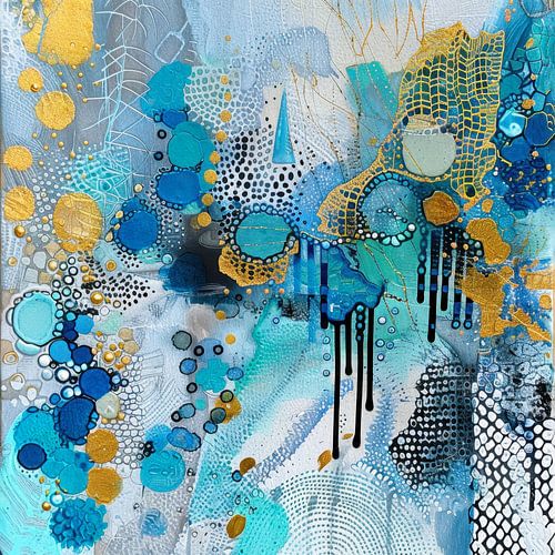 Abstract, schilderij, Blauw, wit en goud - Blauw-Gouden Harmonie