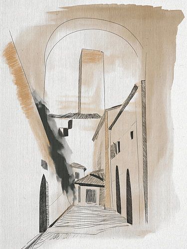 Une ruelle abstraite et sereine dans un petit village toscan, dans des tons sable apaisants