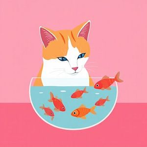 Moderne Illustration Katze schaut auf Goldfisch.
