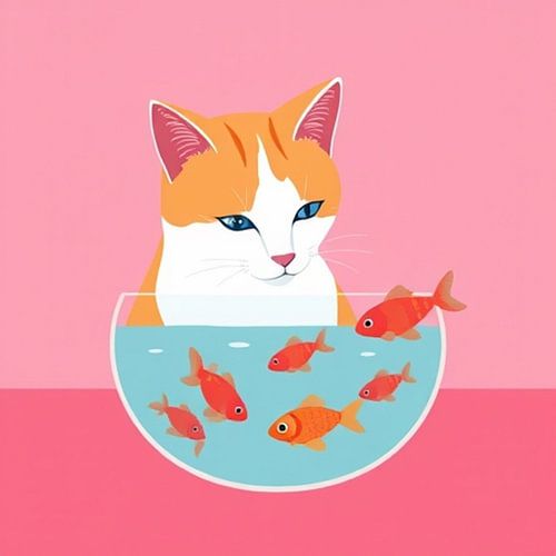 moderne illustratie poes kijkt naar goudvissen.