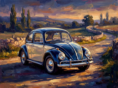 Volkswagen Beetle on a Golden Hour Road