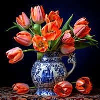 Delfts Blauwe vaas met rode voorjaars tulpen