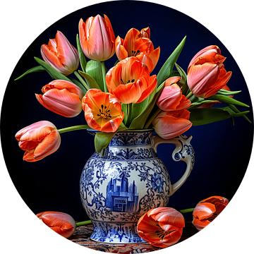 Delfts Blauwe vaas met rode voorjaars tulpen van Vlindertuin-Art