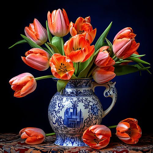 Delft Blue vase with red spring tulips