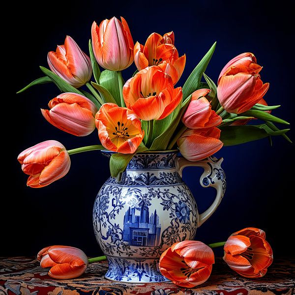 Delfts Blauwe vaas met rode voorjaars tulpen van Vlindertuin-Art