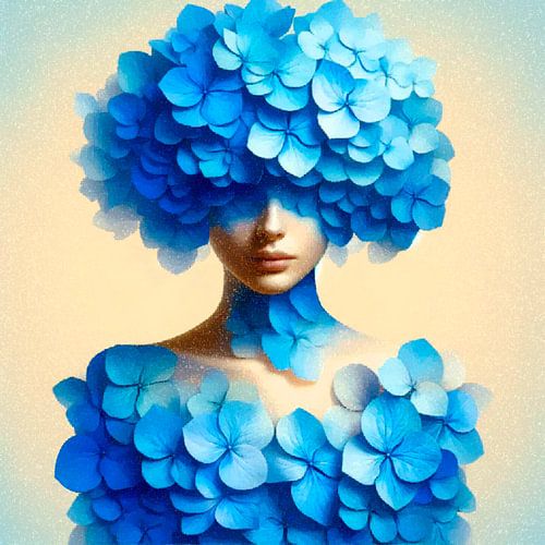 Die Sommerbraut im Kleid aus blauen Hortensien.