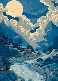 De maan komt op boven een Japans dorp