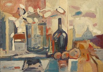 Still life with Silver Dollar plant and bottle in a house on the Montagne de Bueren in Liège by Nop Briex