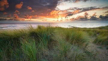 de duinen en de Noordzee tijdens de zonsondergang van eric van der eijk