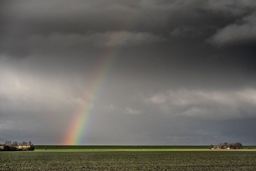 Regenboog boven de Waddendijk in Friesland vlak boven Hallum van Harrie Muis
