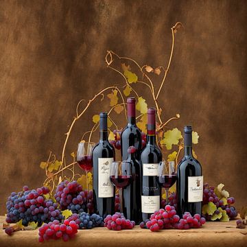 Composition of wine bottles with grapes and vines by Michael