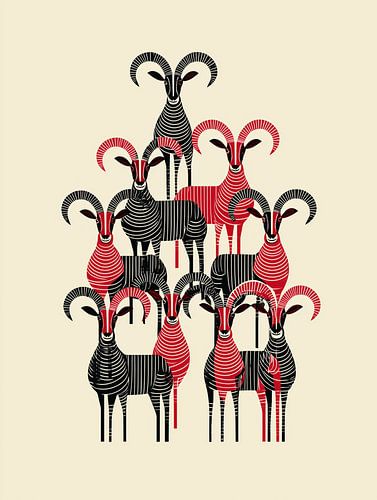 Steenbokken in zwart en rood | Grafische kunst