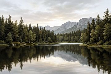 Paysage forestier calme au bord d'un lac de montagne