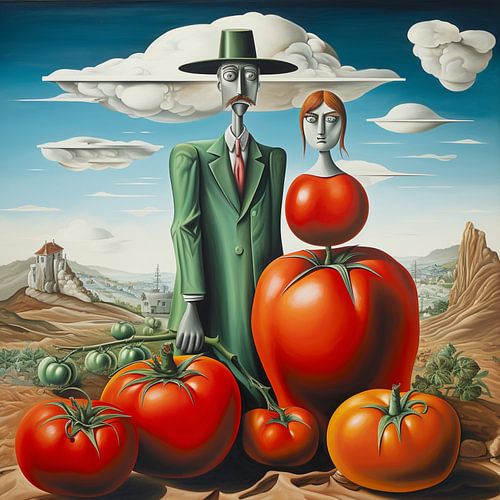 Tomato farmer couple caricature landscape portrait