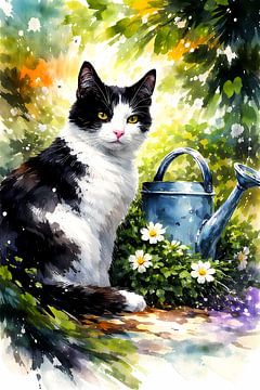 Schwarz-weiße Katze mit Gießkanne