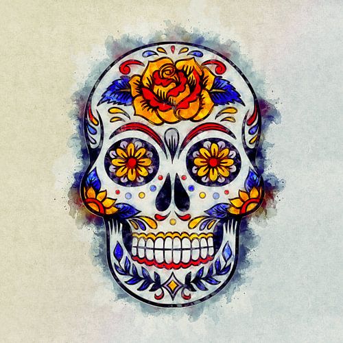 Sugar Skull Vivid Colorful Watercolor Painting