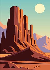 Minimalist poster illustration vector of desert canyon with towering red rock formations under soft sunlight and pastel sky by Adam Khabibi