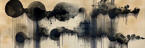 Zwarte inktcirkels in natuurlijke balans Japandi panorama