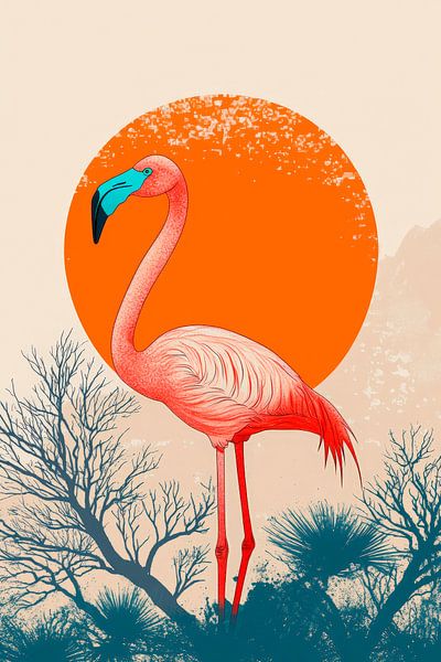 Flamingo in front of a glowing sunset by Poster Art Shop