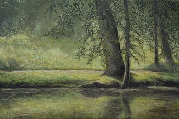 A serene painting of a tree by the water with gentle reflections