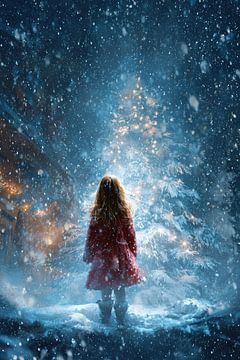 Meisje bij Verlichte Boom Magisch Wintermoment van Eva Lee