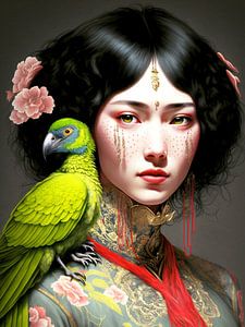 Frau Portrait Vogel Papagei asiatisch Blumen traditionell