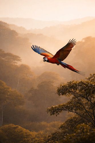 Farbenfroher Ara im Flug über nebligem Regenwald – Tropische Tierfotografie