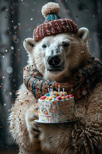 Funny polar bear with birthday cake in retro disco style by Poster Art Shop
