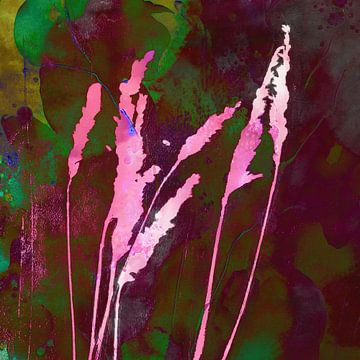 Art botanique abstrait moderne. Herbe en aquarelle rose, verte et brune. sur Dina Dankers