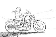 Het vrijheidsgevoel van een motorrijder (tekening houtskool vrouw zwart wit motor Harley road trip) van Natalie Bruns thumbnail