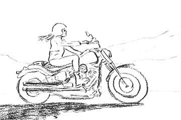 A motorcyclist's sense of freedom (drawing charcoal woman black and white motorcycle Harley road tri by Natalie Bruns