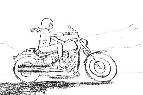 Het vrijheidsgevoel van een motorrijder (tekening houtskool vrouw zwart wit motor Harley road trip)