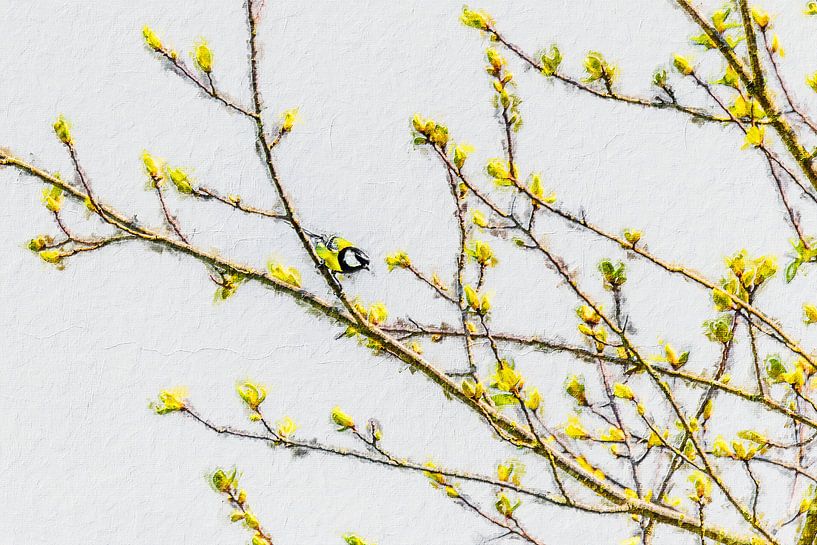 Koolmeesje tussen de lentebloesem (schilderij) van Art by Jeronimo