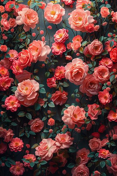 Elegant pink flowers in full bloom on a dark background by Poster Art Shop