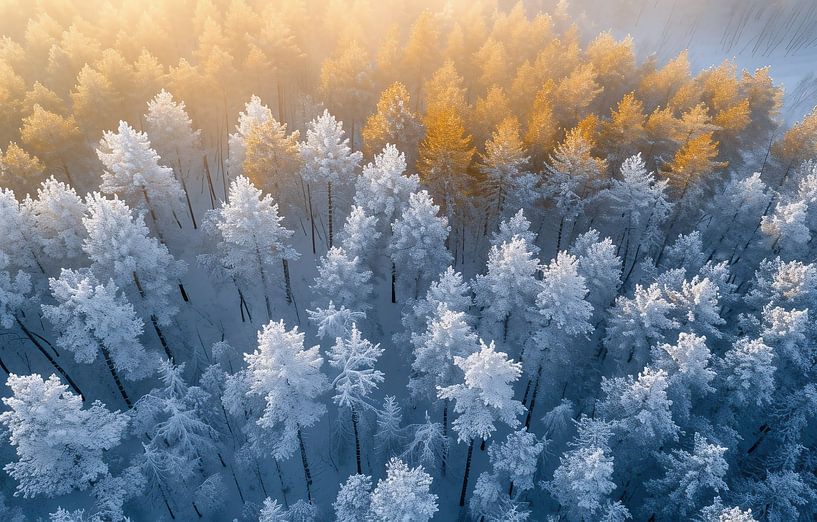 Snow-covered forest, sunrise by fernlichtsicht