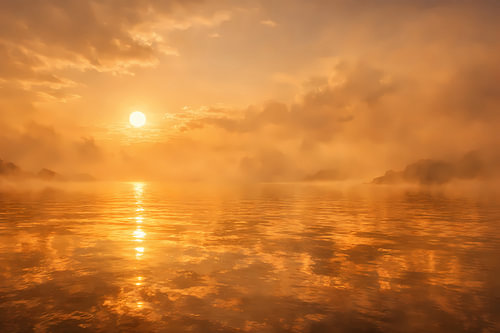 Gouden ochtendmist boven het meer – Romantisch kustlandschap bij zonsopgang
