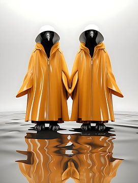 Pinguine in Harmonie mit einem orangefarbenen Regenmantel von PixelPrestige