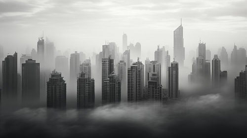 Silhouette urbaine en noir et blanc avec des gratte-ciel dans la brume