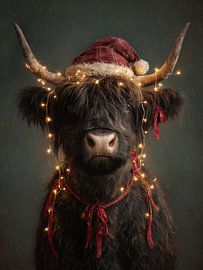 Kerstig portret van een Schotse hooglander met lichtjes en kerstmuts