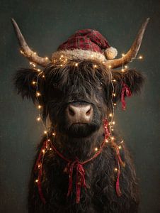 Weihnachtsporträt eines schottischen Highlanders mit Lichtern und Weihnachtsmannmütze