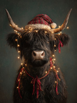 Portrait de Noël d'un Highlander écossais avec des lumières et un chapeau de Père Noël