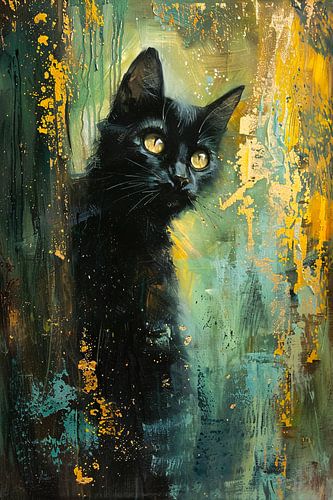 Elegante zwarte kat met dynamische achtergrond