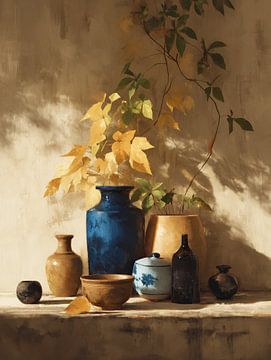 blue vase | Golden Leaves by Eye catching paintings