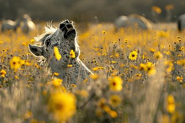 Paard duikt op in een gele bloemenzee van Karina Brouwer