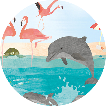 Flamingo's en dolfijnen in de zon van Karin van der Vegt