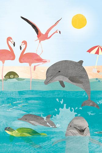 Flamingos and dolphins in the sun by Karin van der Vegt