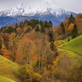 Herfst in Berchtesgaden met het gebergte Watzmann op de achtergrond in het zuiden van Duitsland Beieren. van Marga Vroom