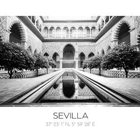 Grafische poster van Sevilla met coördinaten | zwartwit fotografie | Real Alcazar van Laura Dijkslag