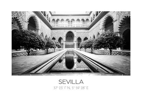 Grafische poster van Sevilla met coördinaten | zwartwit fotografie | Real Alcazar