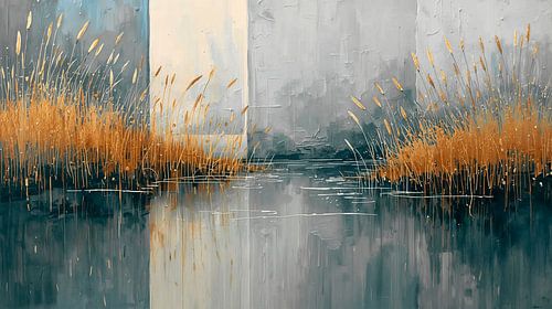 Scandinavian Lake Landscape: Abstract in Grey, Beige &, and Gold